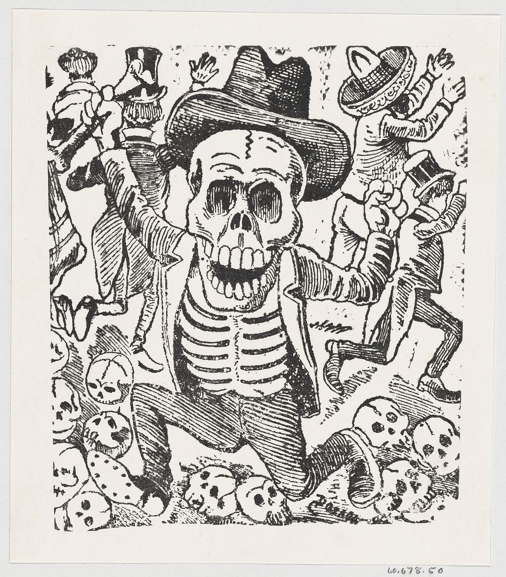 A skeleton holding a bone and leaping over a pile of skulls while people flee, from a broadside entitled 'Las bravisimas…
