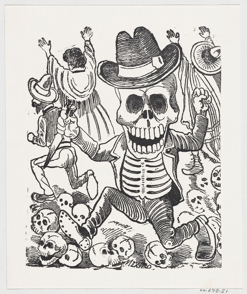 A skeleton holding a knife leaping over a pile of skulls, people flee in the background, from a broadside entitled 'Las…