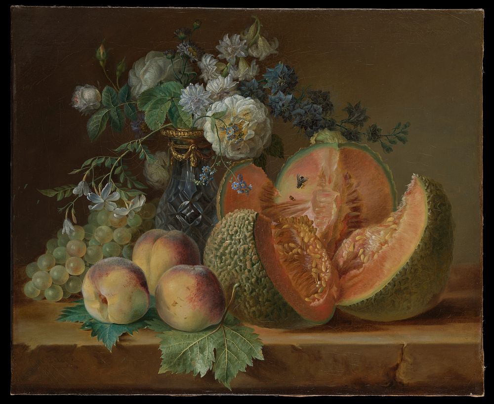 Still Life with a Vase of Flowers, Melon, Peaches, and Grapes by Charlotte Eustache Sophie de Fuligny Damas, marquise de…