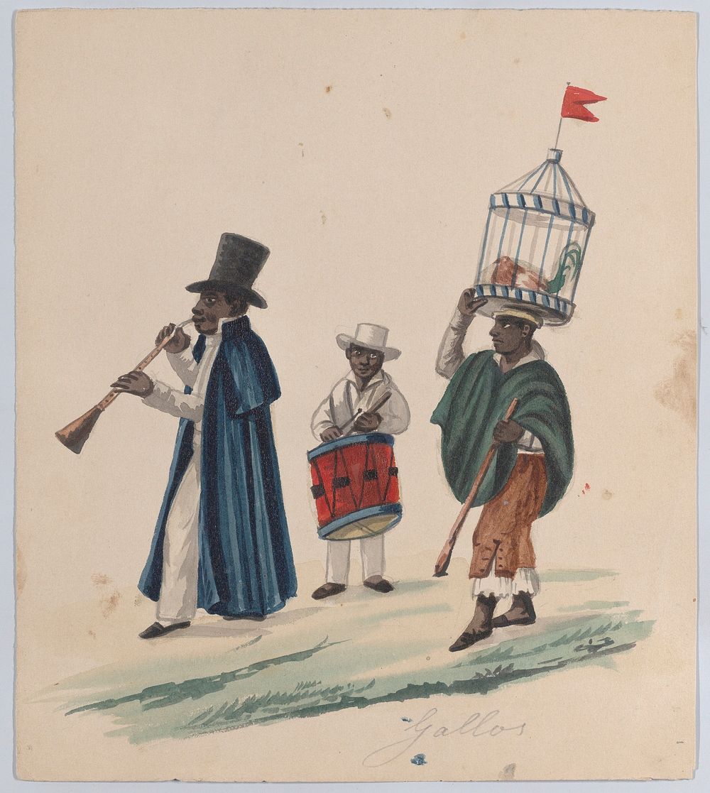 Two musicians and a man carrying on his head a rooster in cage, from a group of drawings depicting Peruvian dress