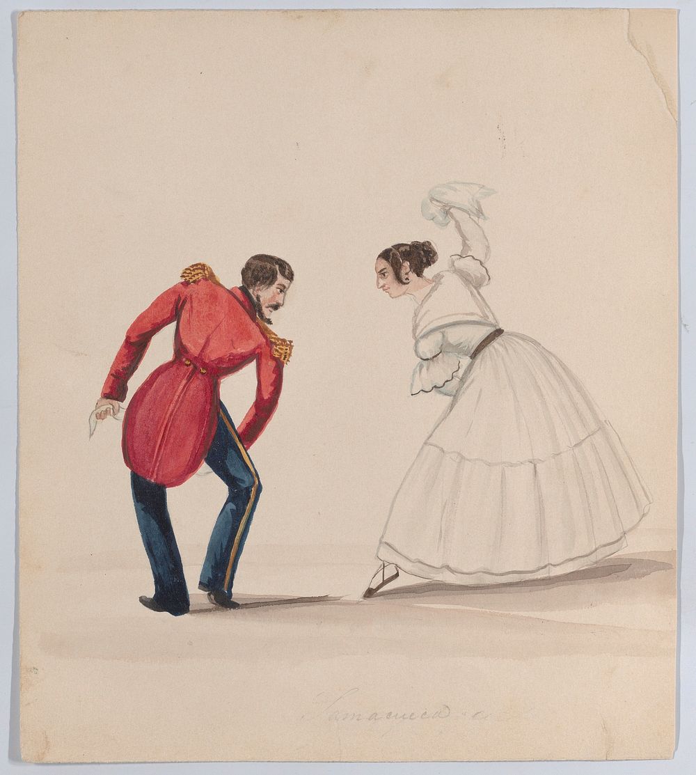 A man and woman dancing the Zamacueca, from a group of drawings depicting Peruvian dress