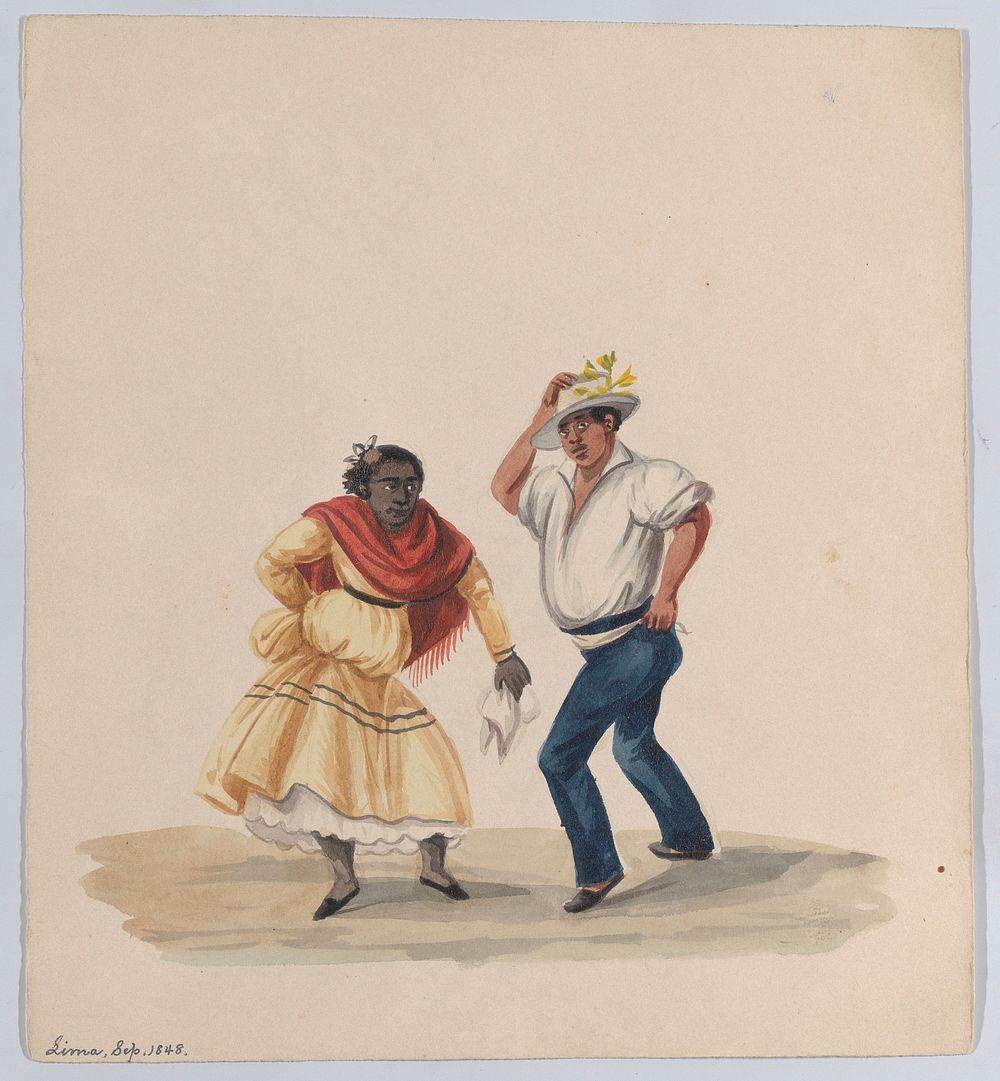 A man and a woman dancing, from a group of drawings depicting Peruvian dress