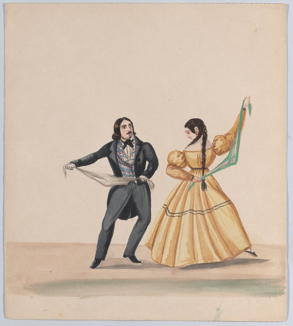 A man and a woman dancing, from a group of drawings depicting Peruvian dress, attributed to Francisco (Pancho) Fierro