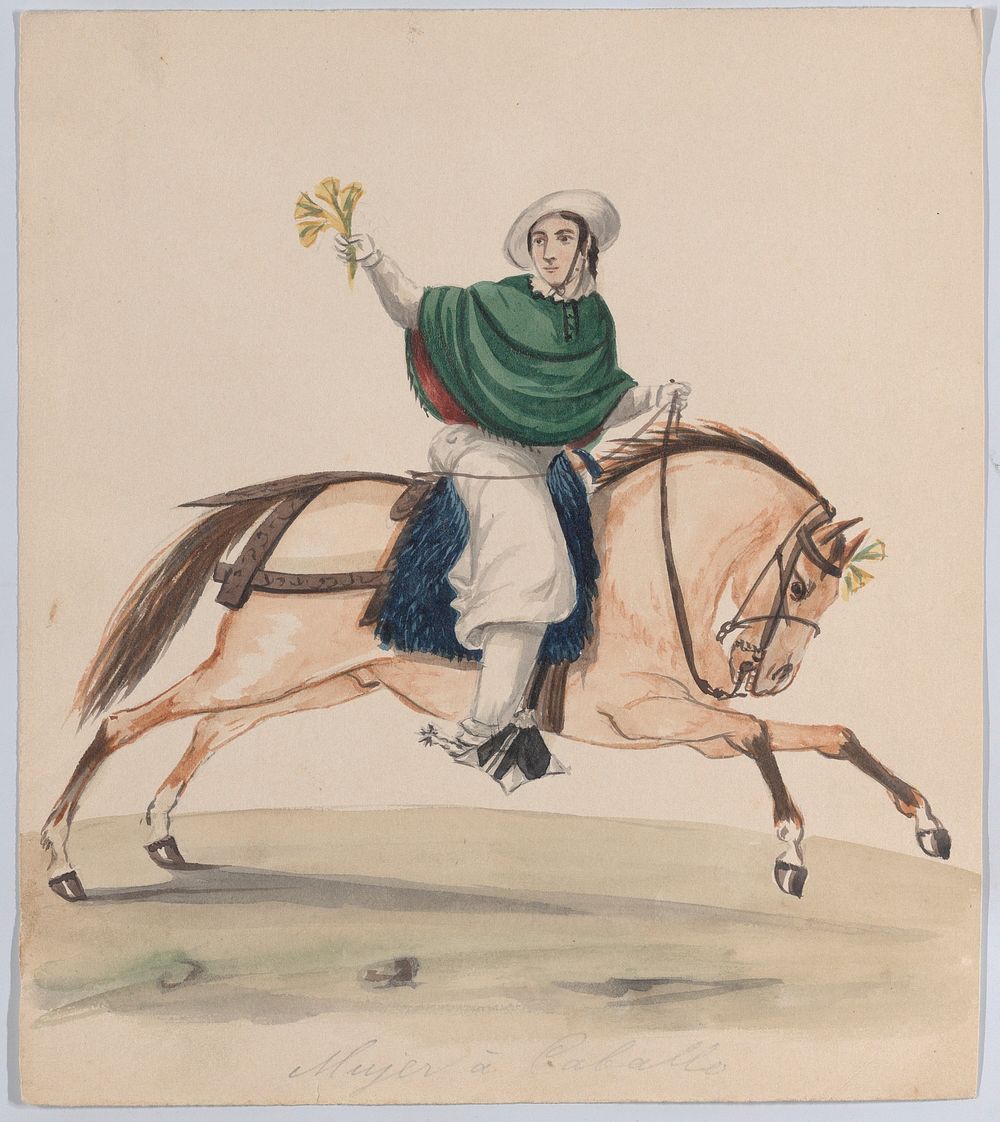 An elegantly dressed woman on horseback, from a group of drawings depicting Peruvian dress attributed to Francisco (Pancho)…