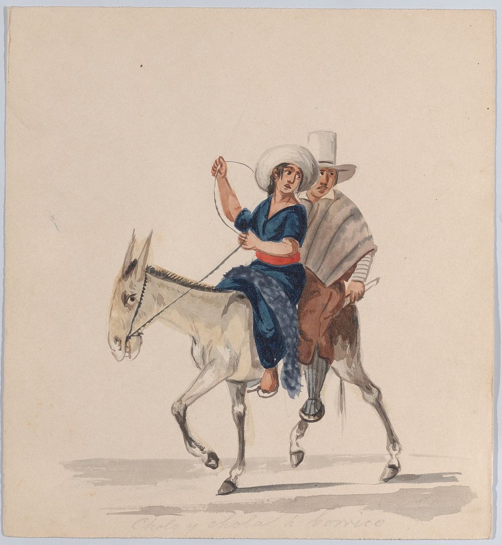 An indigenous man and woman together riding a donkey; from a group of drawings depicting Peruvian dress