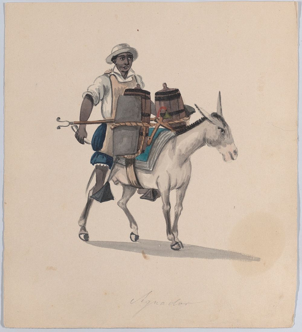 A watercarrier riding a donkey, from a group of drawings depicting Peruvian dress