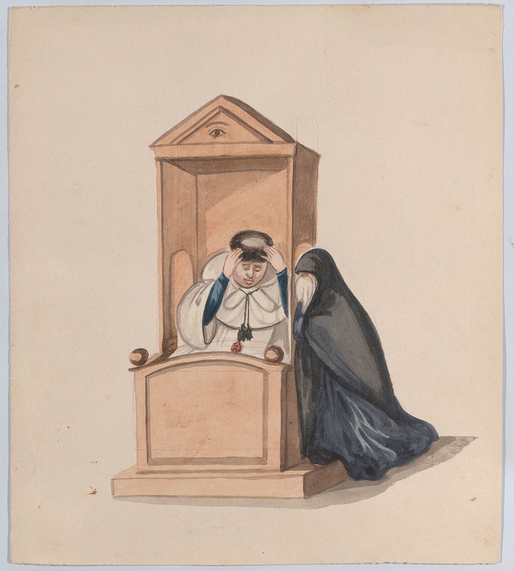 A woman confessing to a priest, from a group of drawings depicting Peruvian dress, attributed to Francisco (Pancho) Fierro