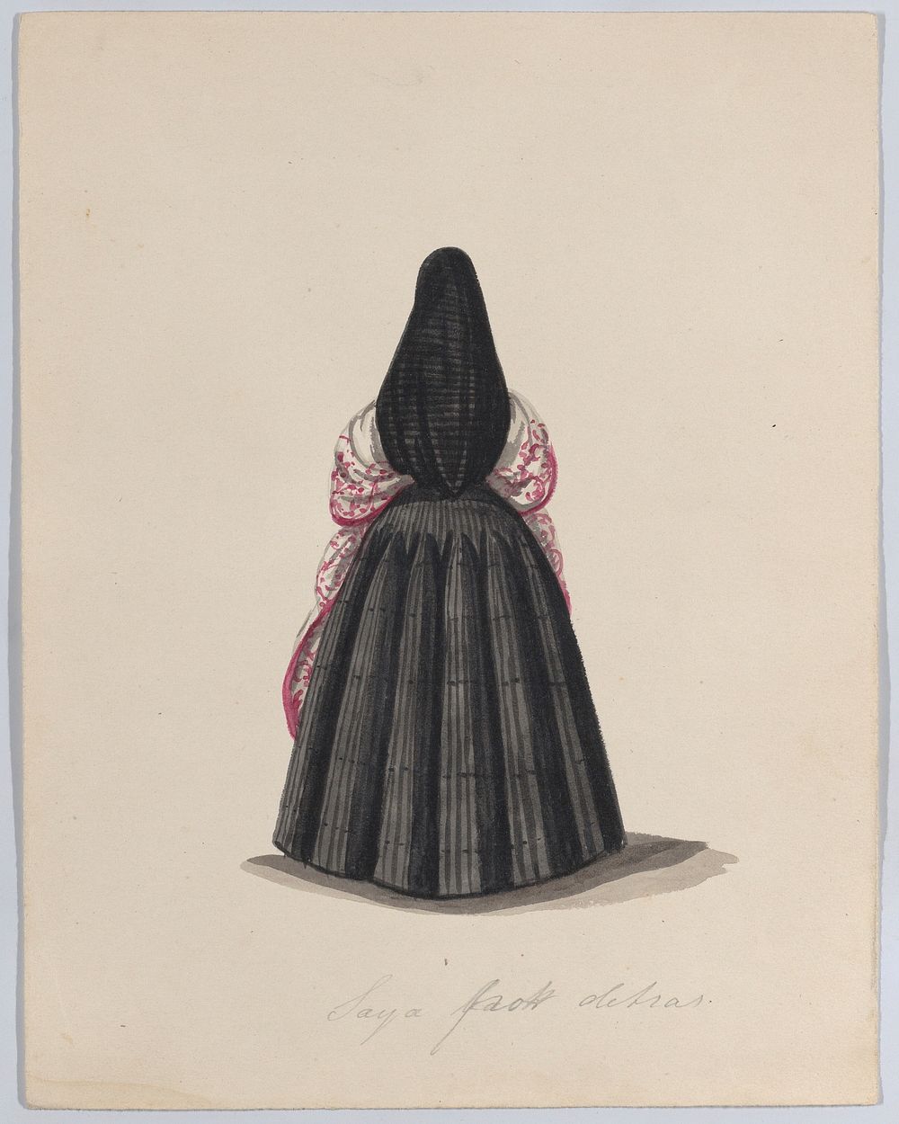 A  woman wearing the saya viewed from behind, from a group of drawings depicting Peruvian dress