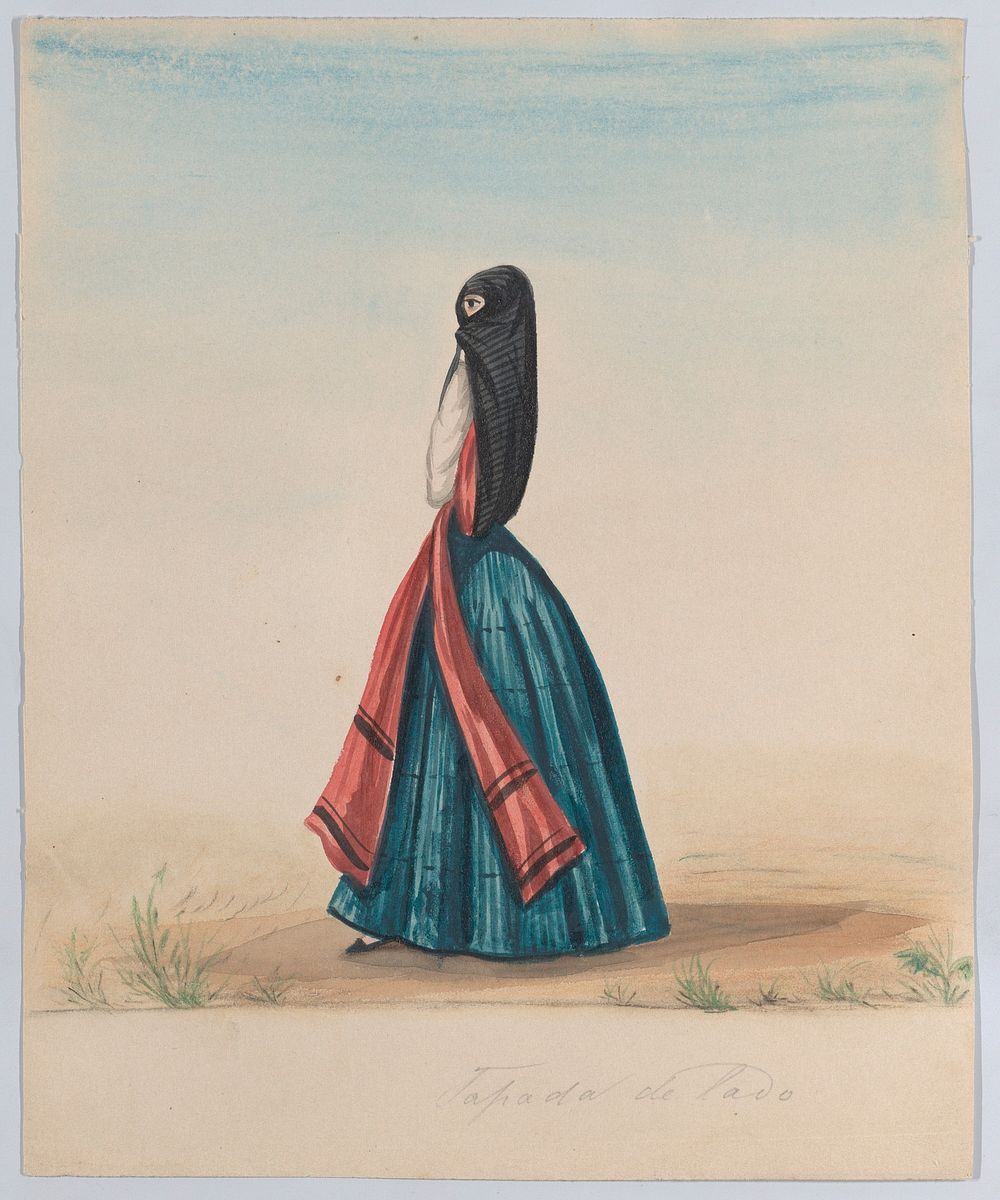 A woman wearing the saya and manto standing in profile, from a group of drawings depicting Peruvian dress attributed to…