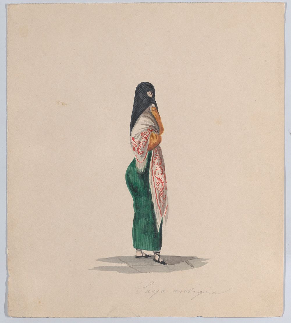 A  woman wearing the saya standing in profile, from a group of drawings depicting Peruvian dress