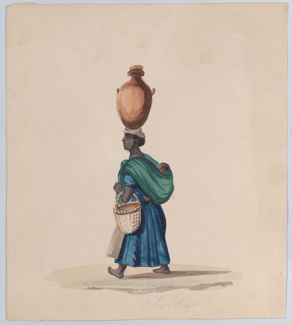 A woman carrying a vessel on her head and a child on her back, from a group of drawings depicting Peruvian dress