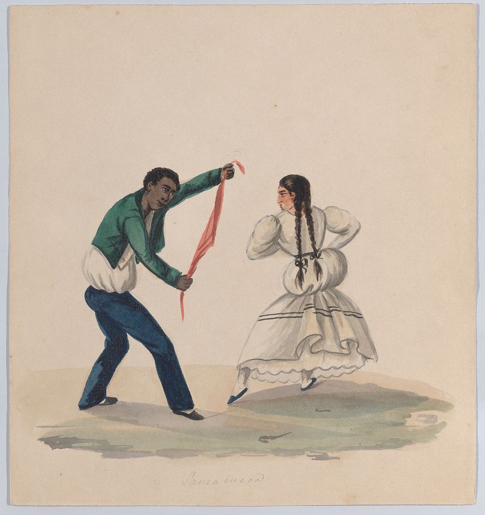 A man and woman dancing the Zamacueca, from a group of drawings depicting Peruvian dress