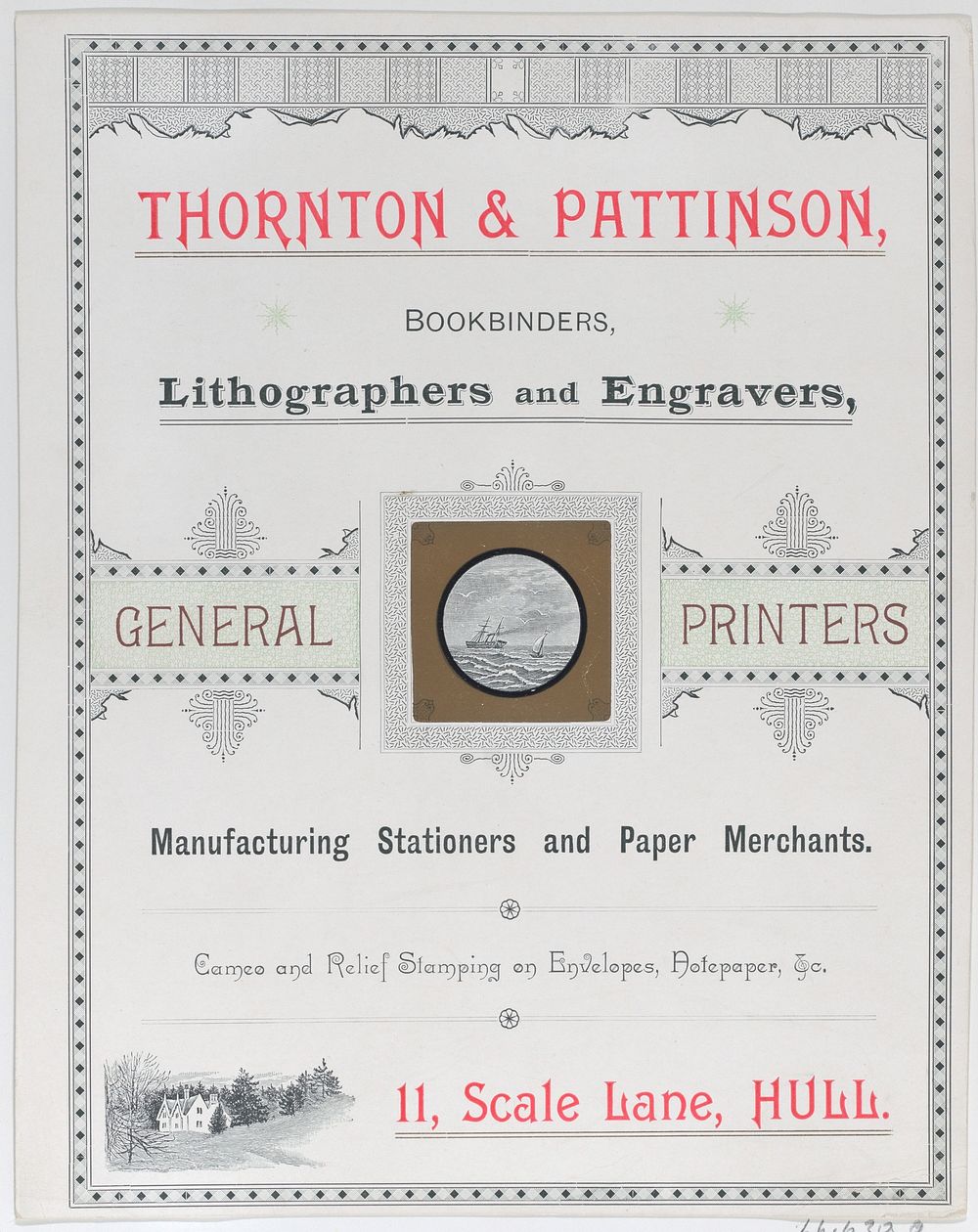 Trade Card for Thorton & Pattinson, Bookbinders, Lithographers and Engravers by Anonymous, British, 19th century