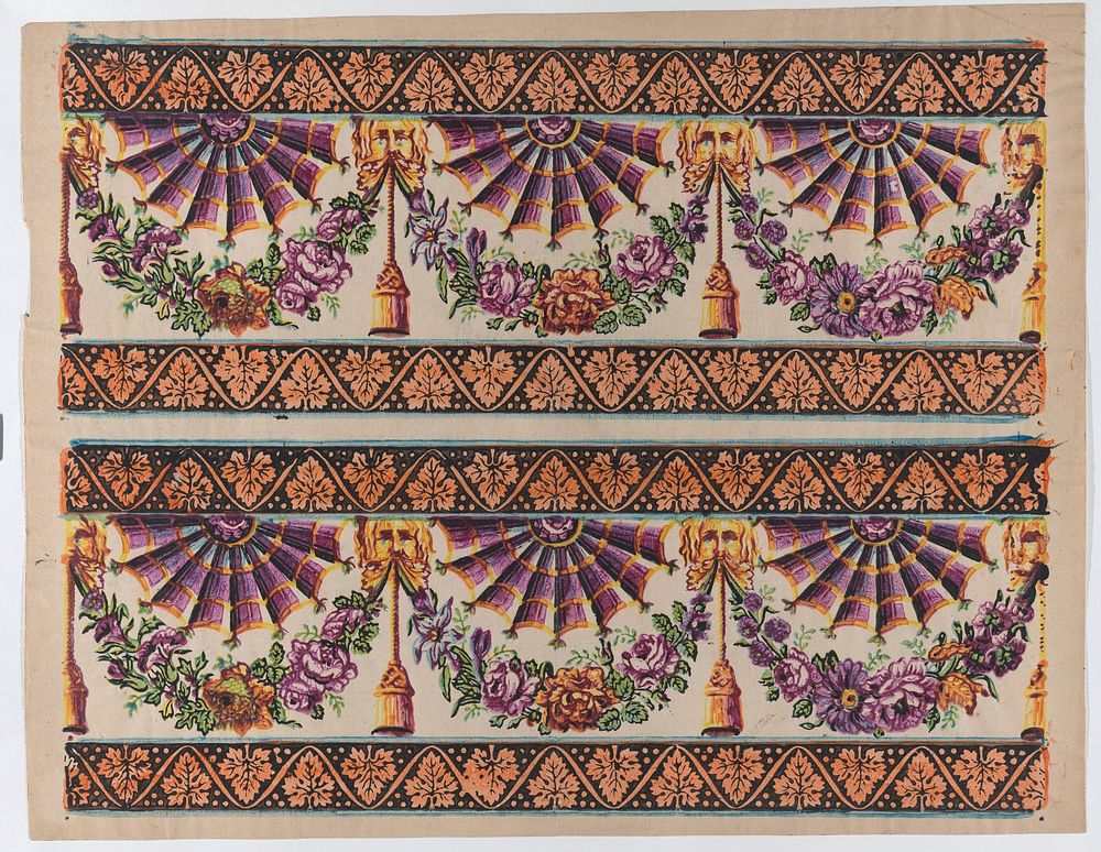 Sheet with two borders with three fans and floral garlands by Anonymous