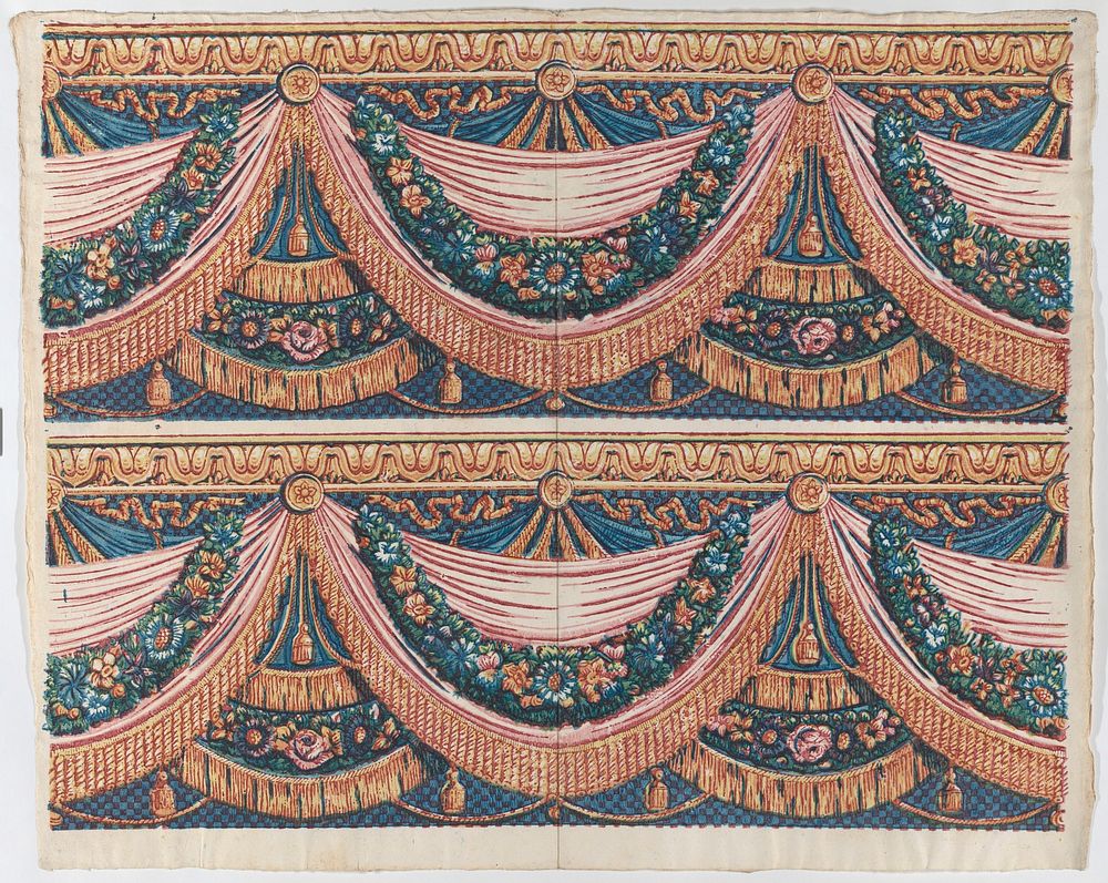 Sheet with two borders with draped curtains and floral garlands by Anonymous