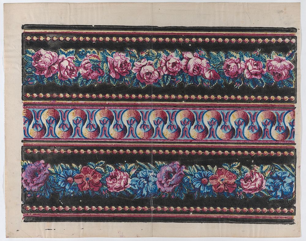 Sheet with a border with pink and multicolor floral garlands on a black background