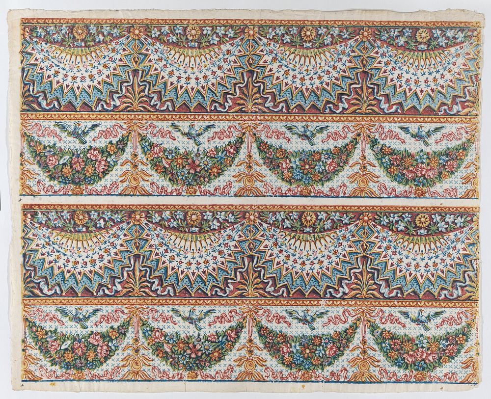Sheet with a two borders with four hanging draperies,multicolor festoons, and birds