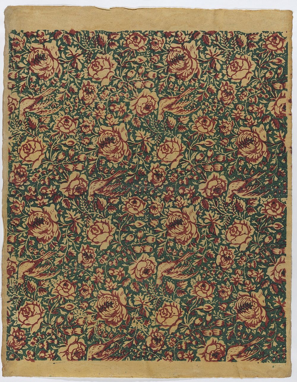 Sheet with overall floral pattern with birds by Anonymous
