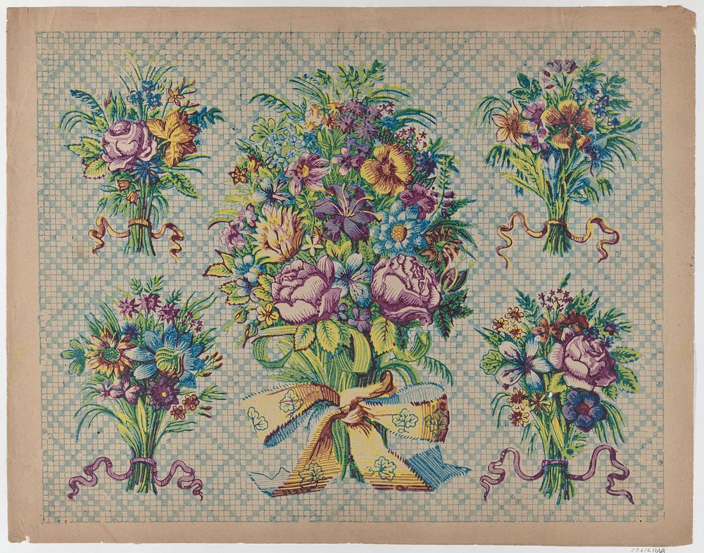 Sheet with five bouquets on a blue checkered background by Anonymous