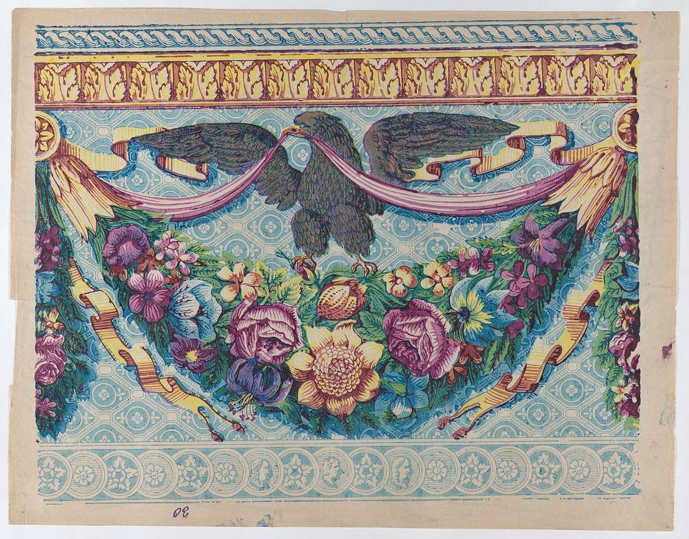 Sheet with an eagle atop a festoon of flowers