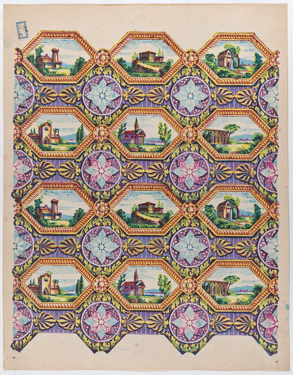 Sheet with pattern of brightly colored landscapes in hexagonal frames