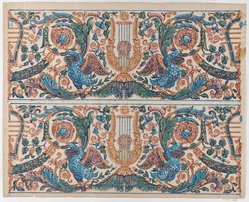 Sheet with two borders with a lyre and birds