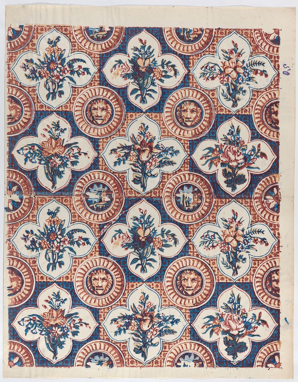 Sheet with pattern of bouquets and lion heads by Anonymous