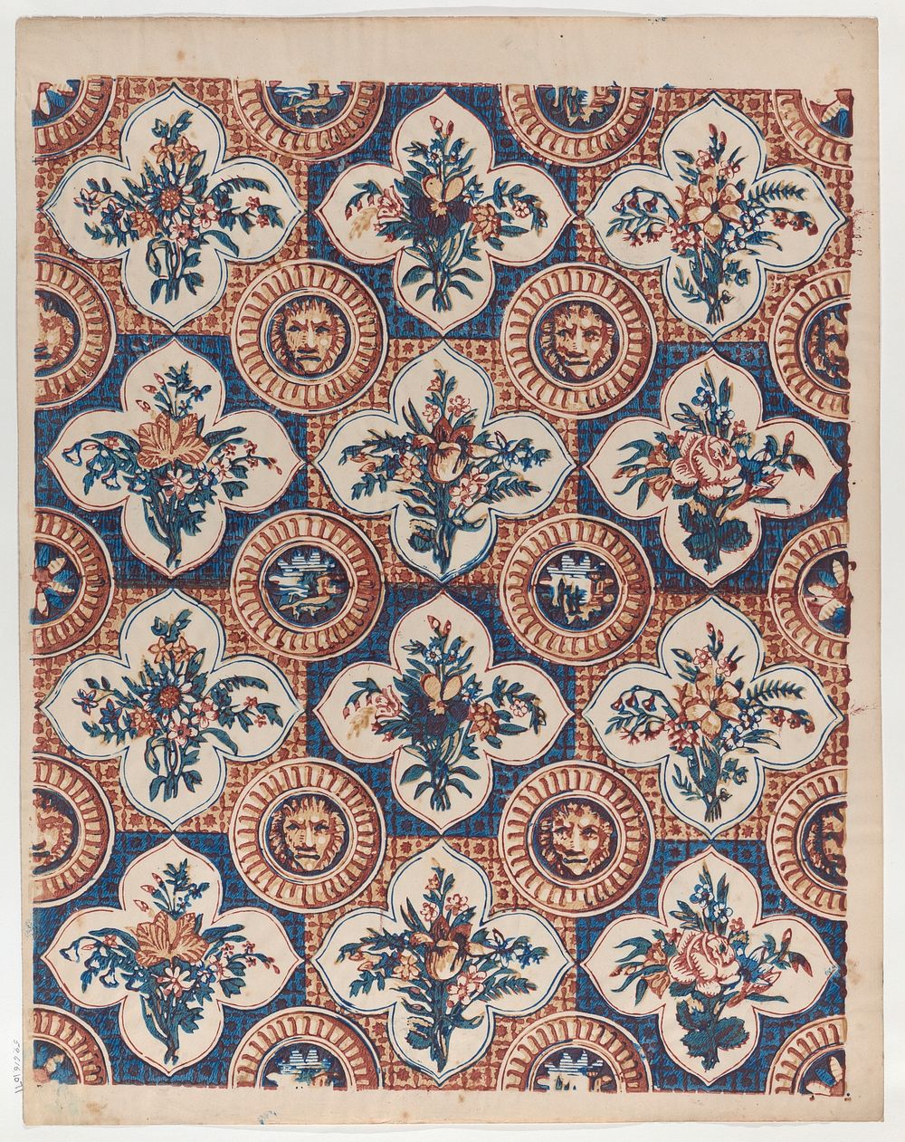 Sheet with pattern of bouquets and lion heads