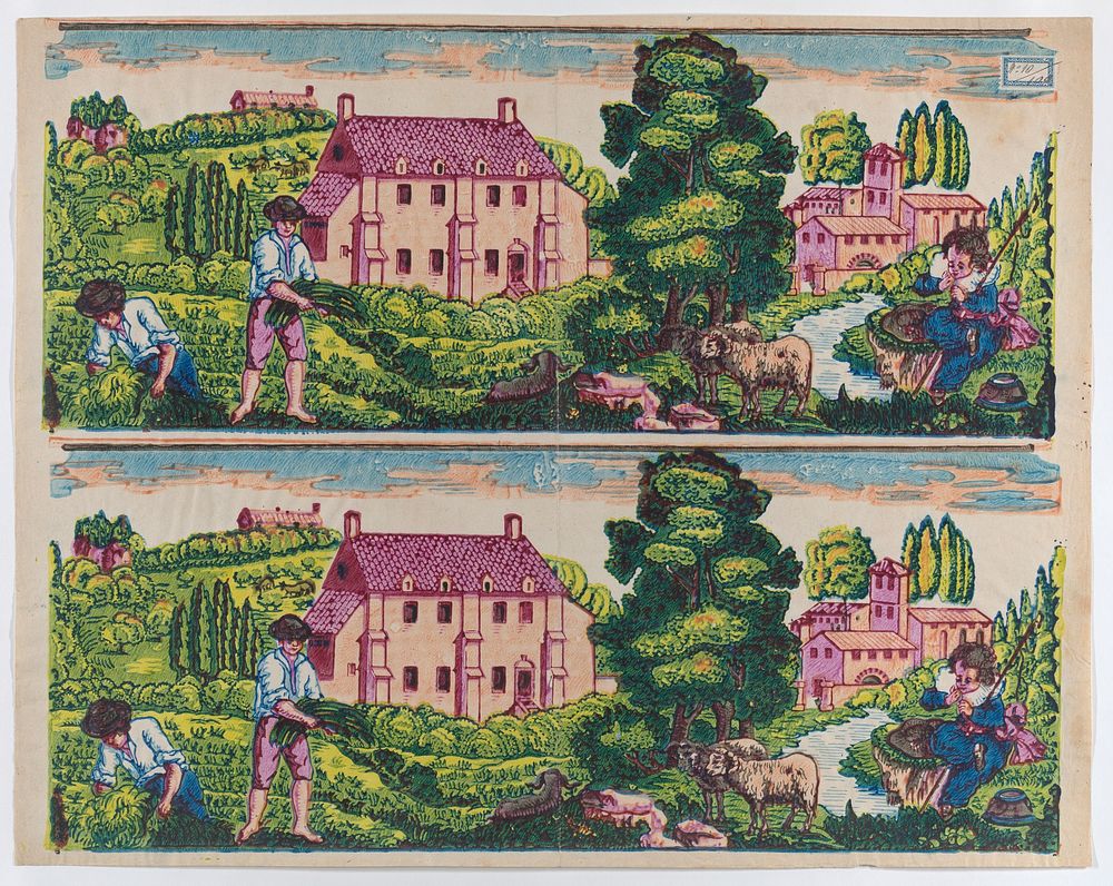 Sheet with two borders with pastoral landscapes by Anonymous