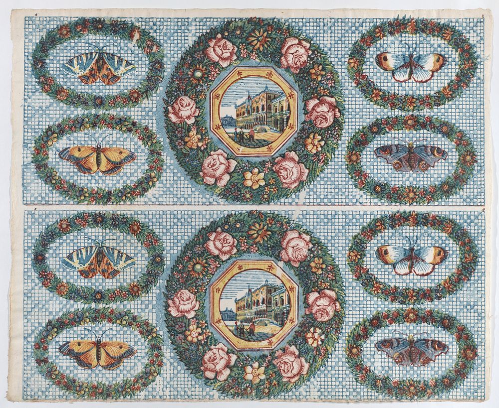 Sheet with two borders with landscapes and moths within wreaths