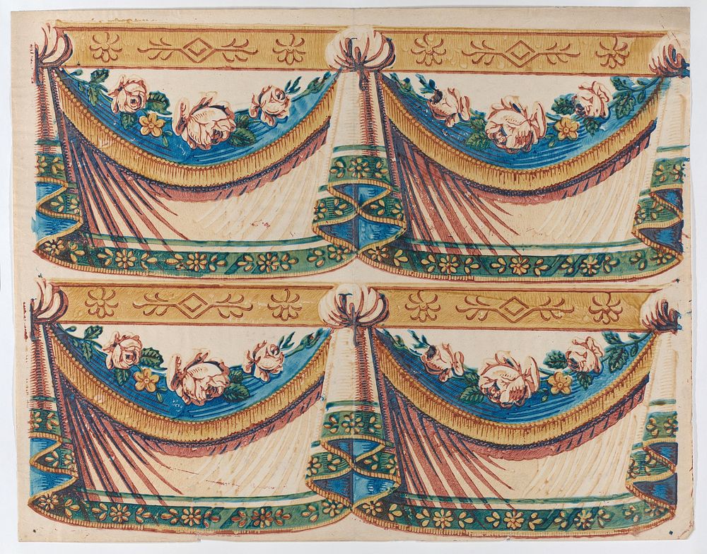 Sheet with two borders with drapery and floral designs by Anonymous