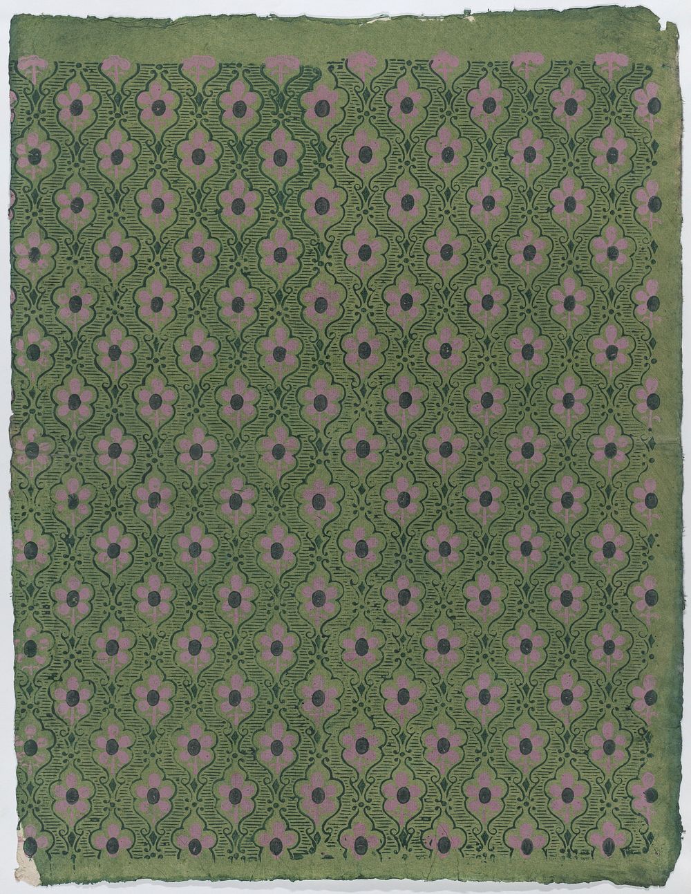 Sheet with overall pink floral pattern on green background