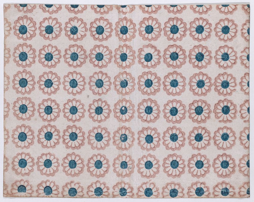 Sheet with overall pattern of pink flowers with blue centers