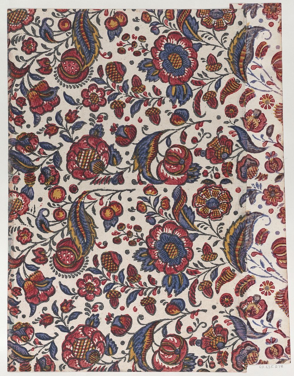 Paste paper with overall pattern of red, blue, and yellow flowers