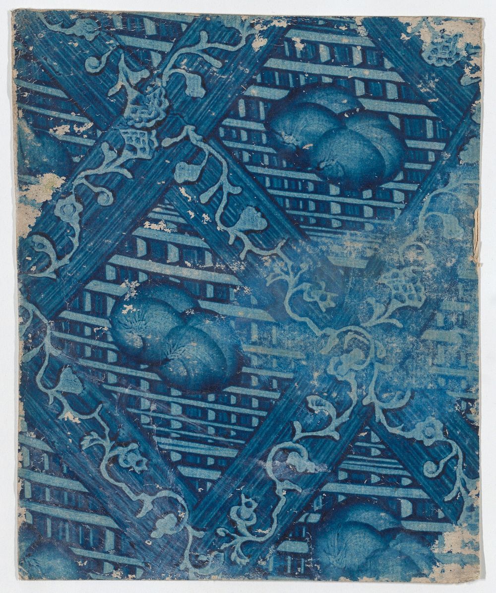 Blue paste paper with striped and floral pattern by Anonymous