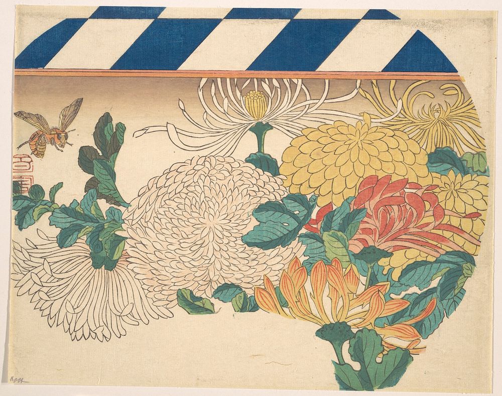 Utagawa Hiroshige (1840) Chrysanthemums in Fan-shaped Design. Original public domain image from the MET museum.