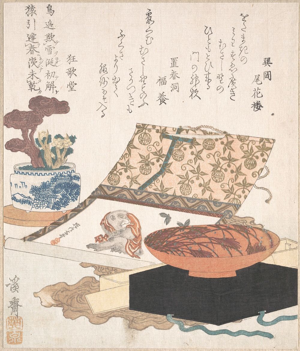 Kakemono of Monkey, Wine Cup and Potted Plants (probably 1812) print in high resolution by Keisai Eisen. Original from The…