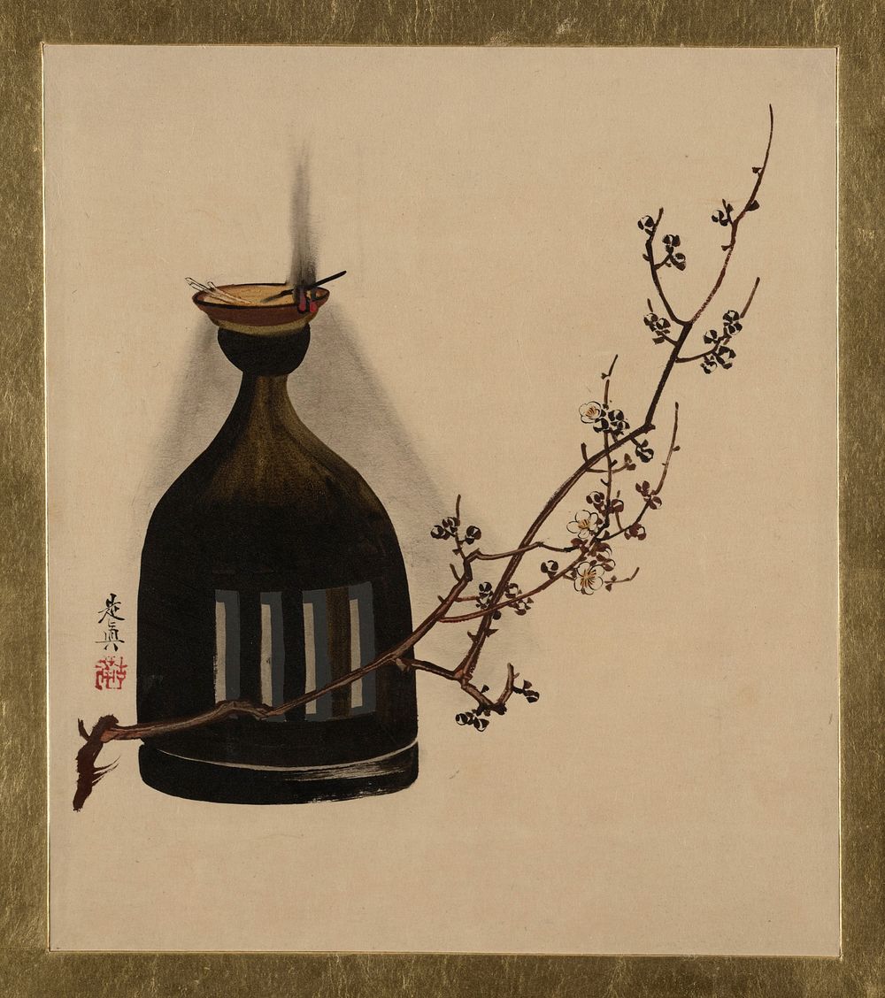 Lacquer Paintings of Various Subjects: Plum Branch with Oil Lamp (1882). Original public domain image from the MET museum.