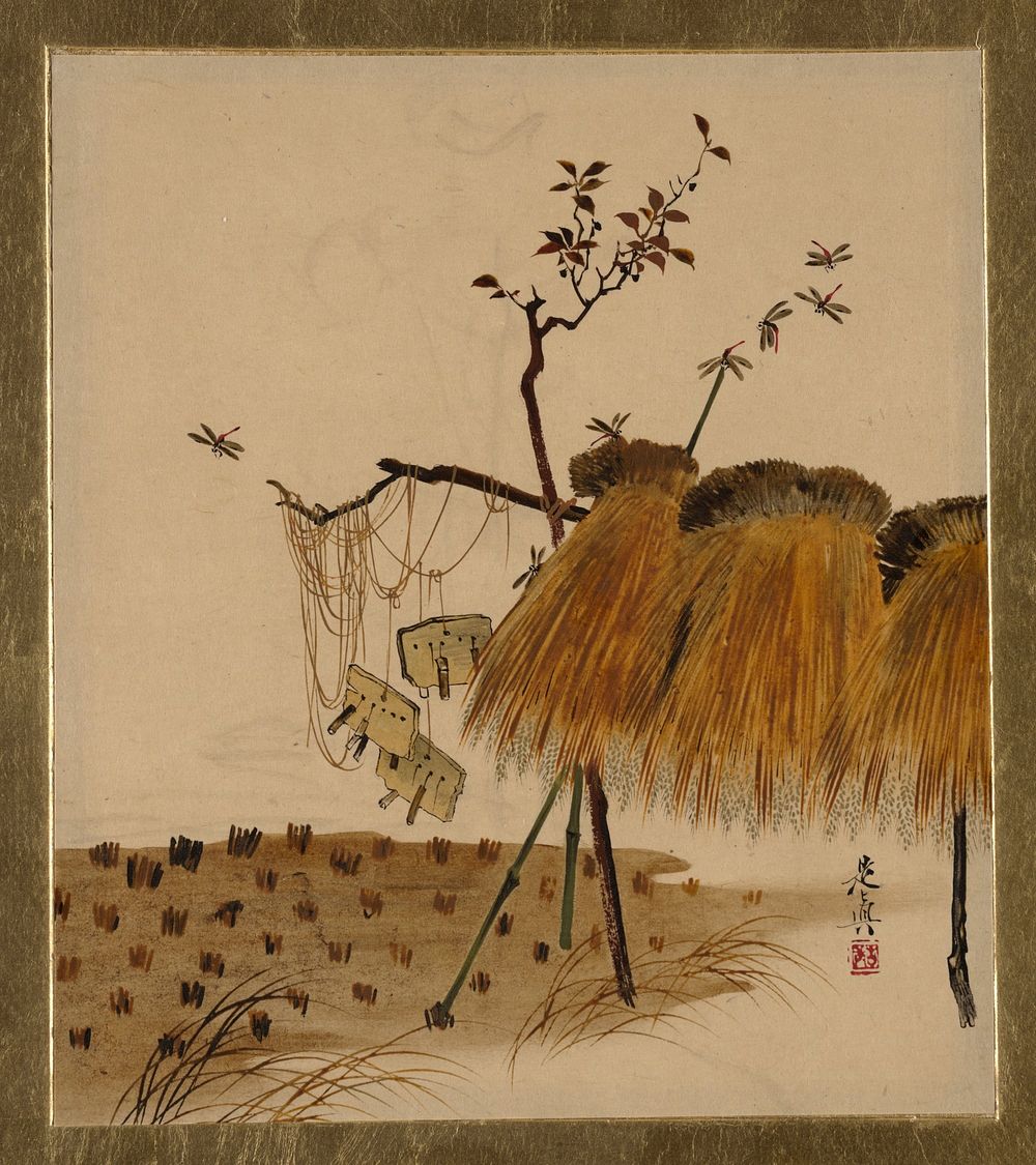 Lacquer Paintings of Various Subjects: Stack of Rice and Dragonflies by Shibata Zeshin.