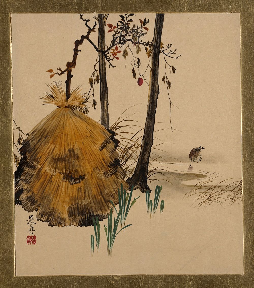 Lacquer Paintings of Various Subjects: Snow Shelter for a Tree with Sparrow by Shibata Zeshin.