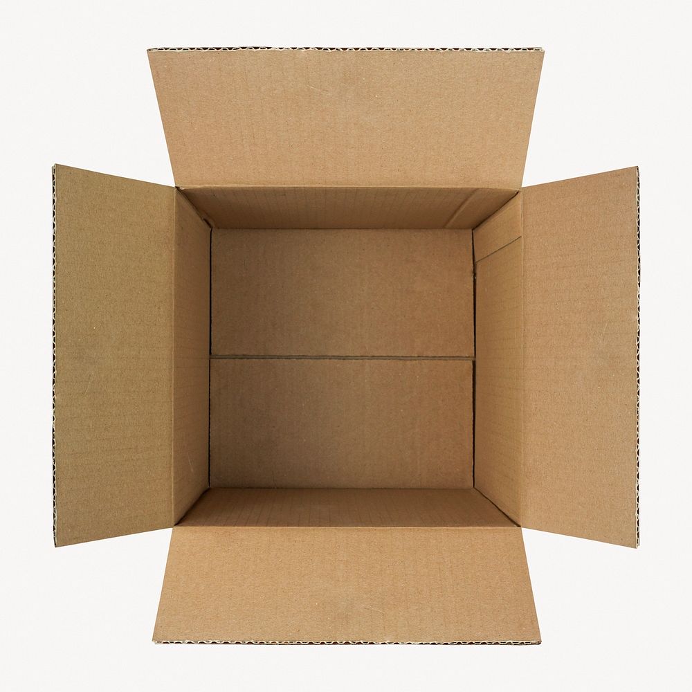 Open cardboard box, isolated object image