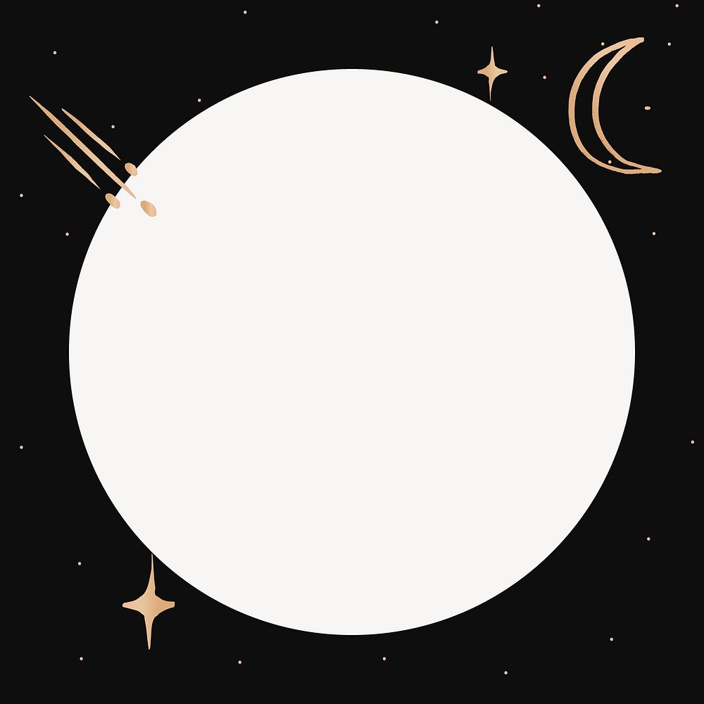 Celestial doodle frame, crescent moon, black background