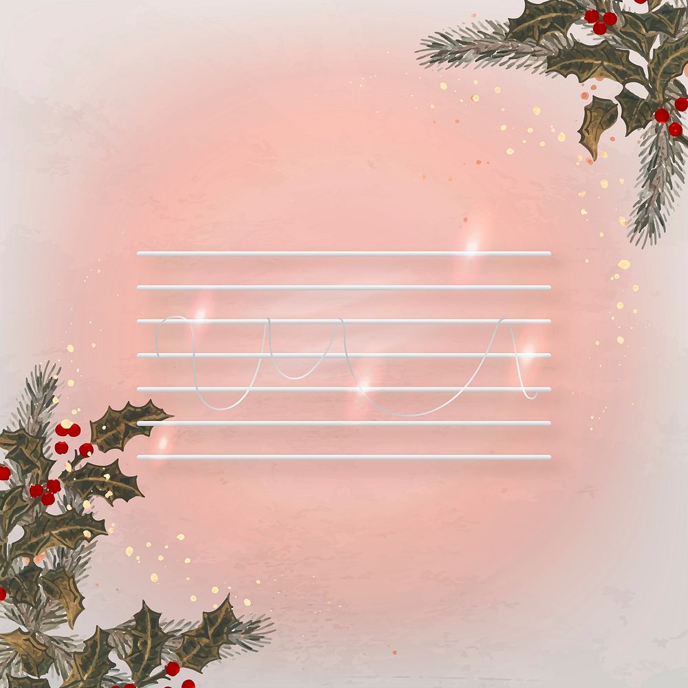 Christmas border neon pink background, holly leaf cherry