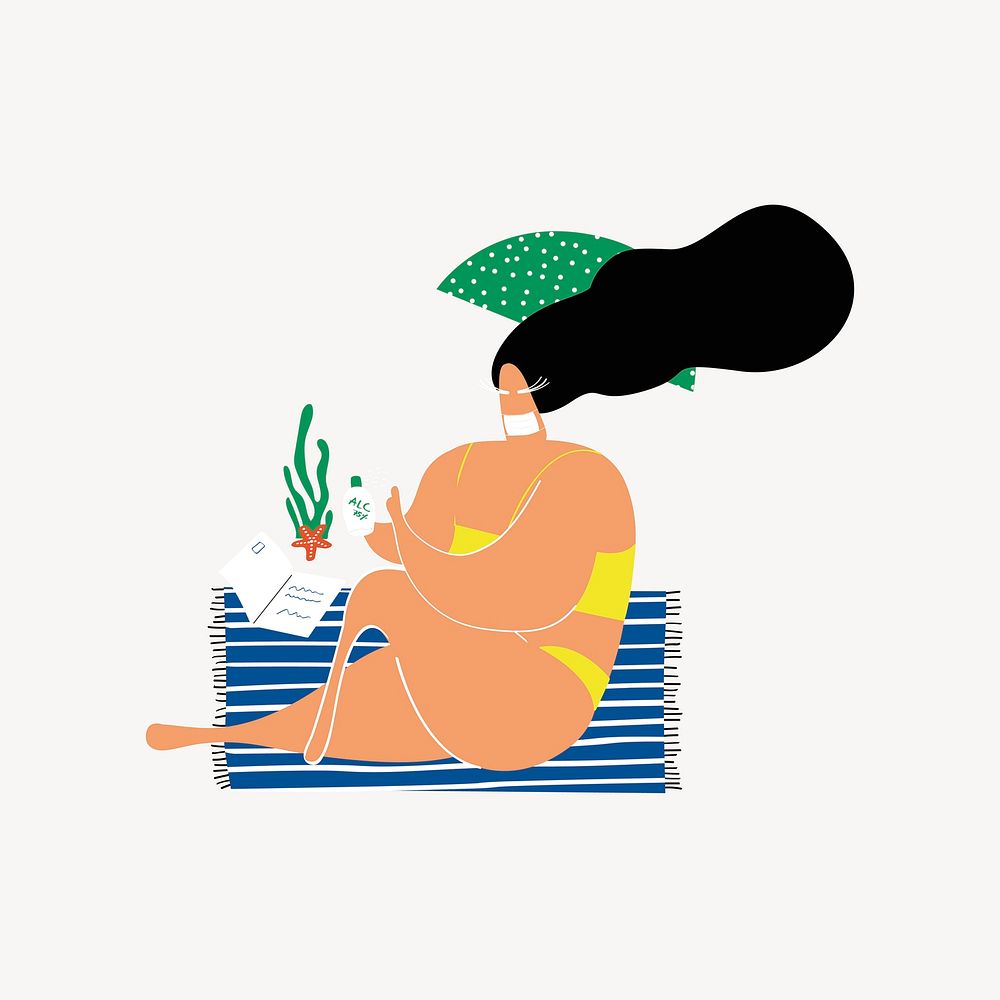 Woman sunbathing while wearing mask illustration vector