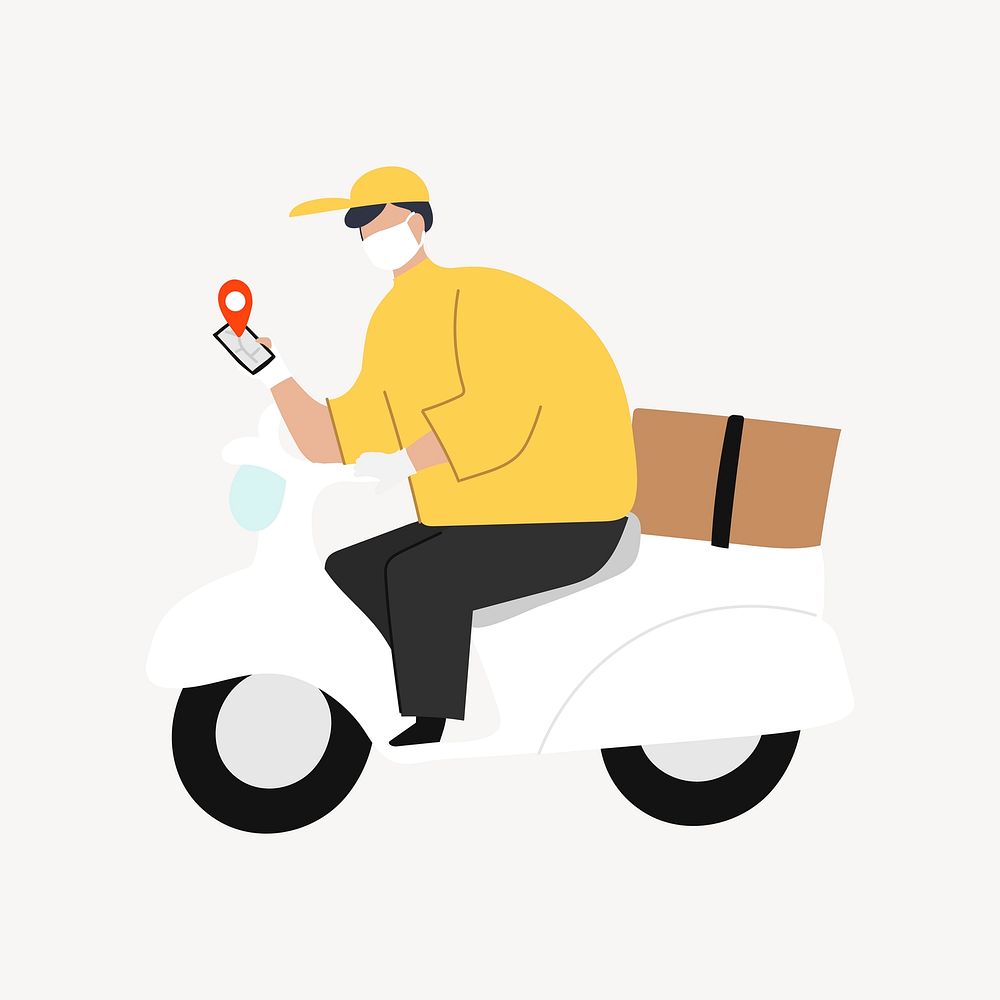 Food delivery man driving to destination illustration vector