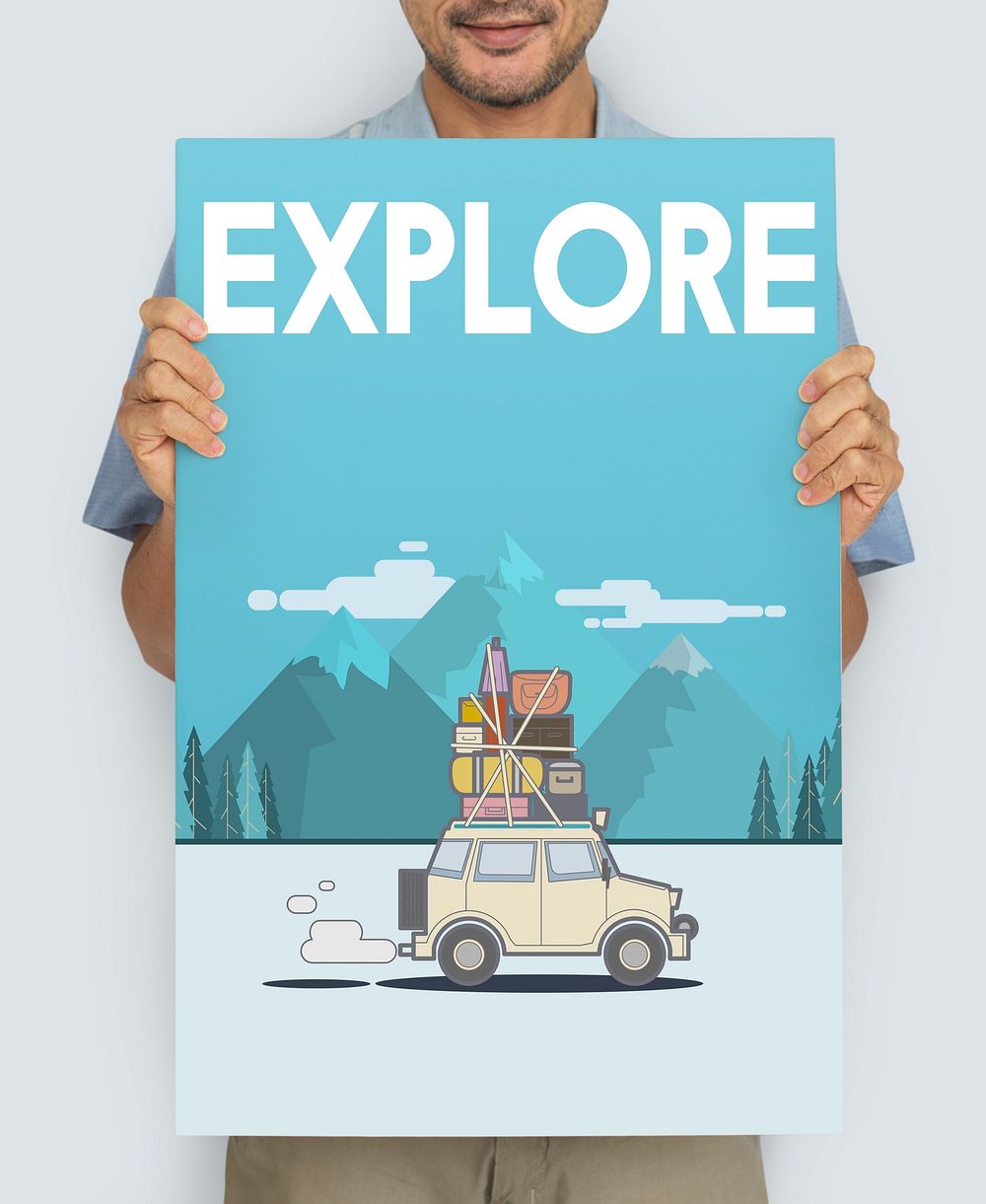 Man holding illustration of discovery journey road trip traveling banner