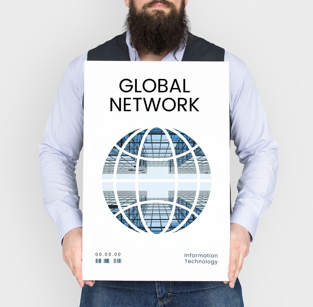 Man holding banner of  global communication connection technology