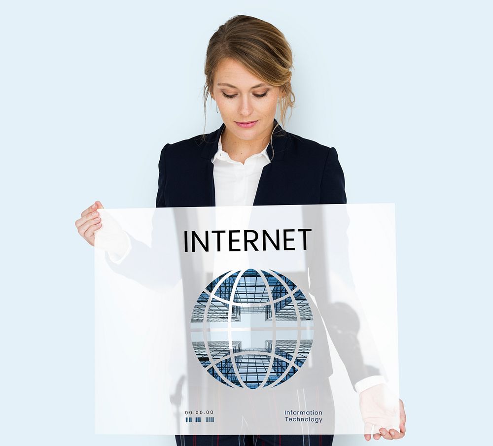 Woman holding banner of  global communication connection technology
