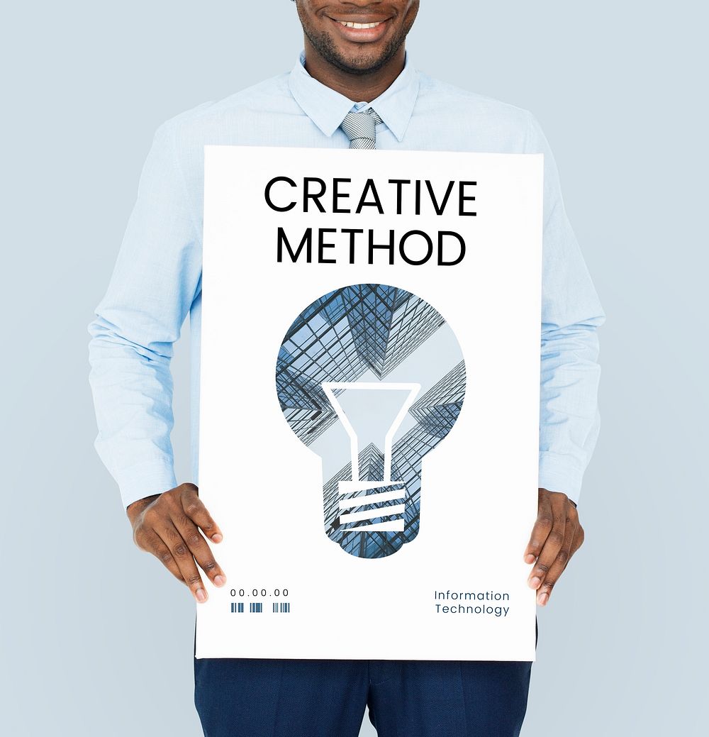 Man holding banner of creative ideas digital technology light bulb