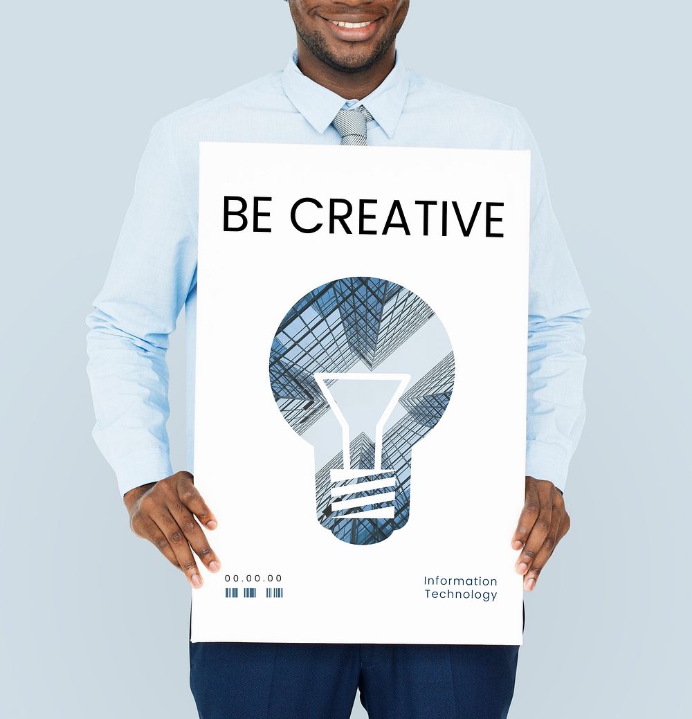 Man holding banner of creative ideas digital technology light bulb